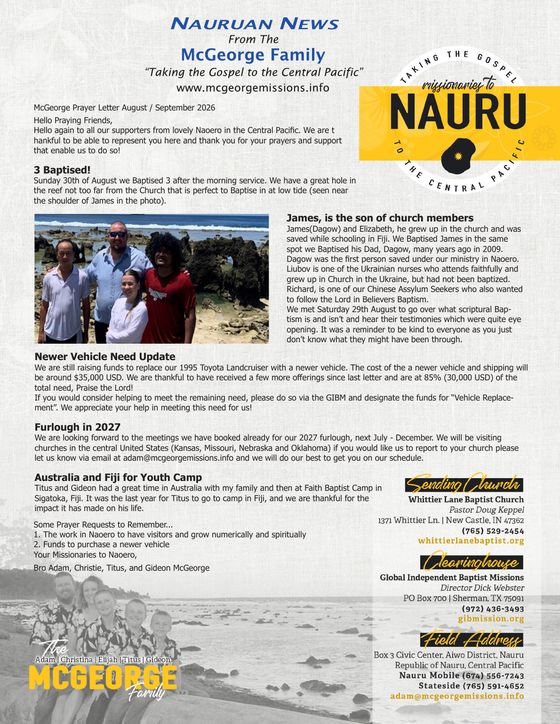 First page of the August and September 2026 prayer letter